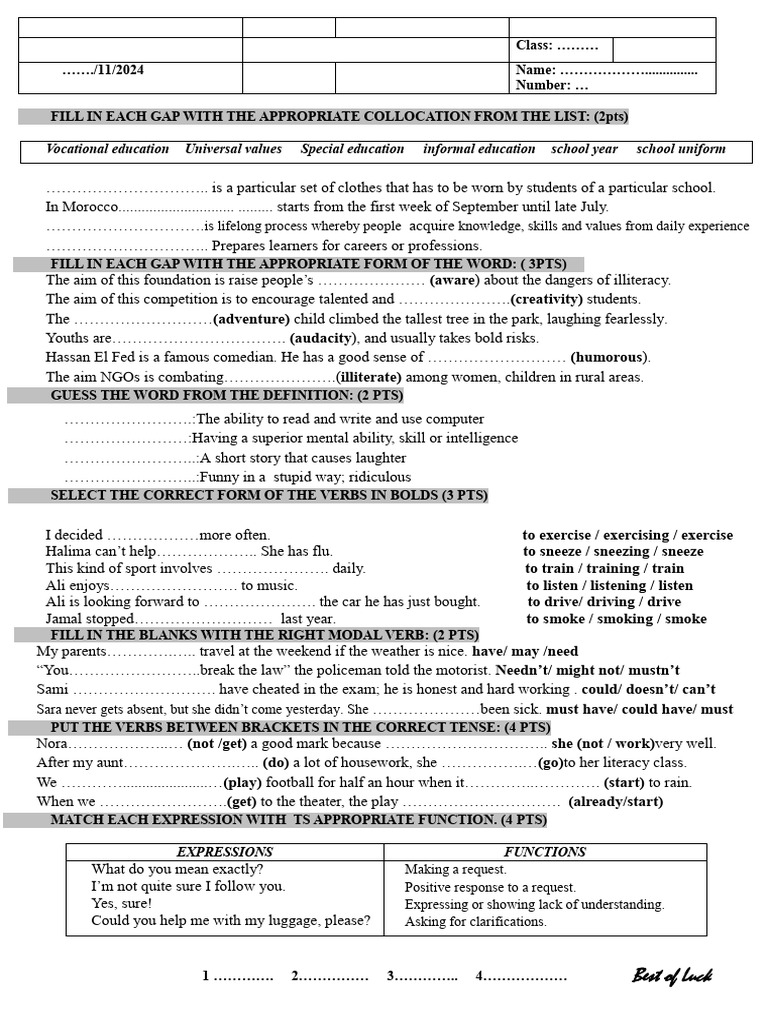 Quiz 1 second bac pdf