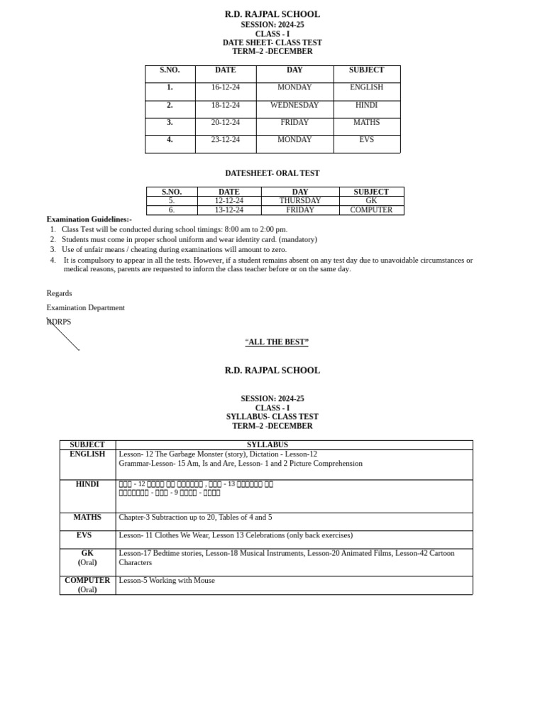 Dtesheet Class Test Term 2 202425 1 | PDF