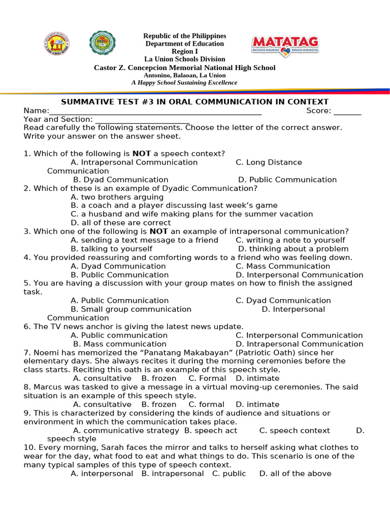 3rd Summative Test Oral Com | PDF | Communication | Human Communication