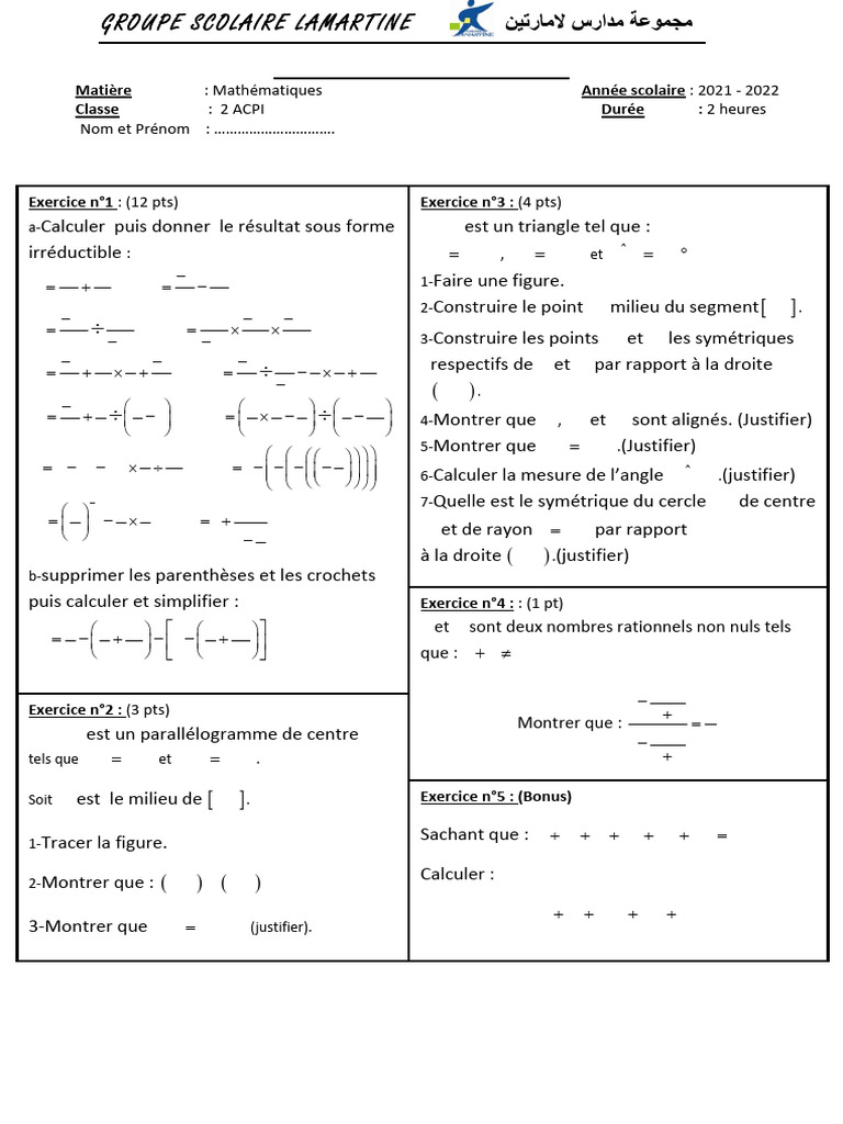 Évaluation de Mathématiques 2 ACPI 2021 | PDF | Géométrie | Géométrie ...
