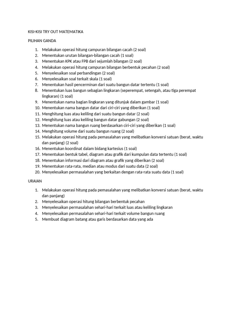 KISI-kisi try out matematika-1 | PDF