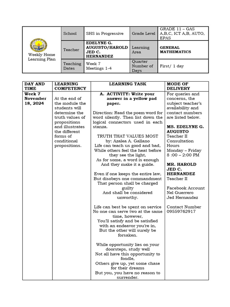 Grade 11 General Mathematics Plan | PDF | Contradiction ...