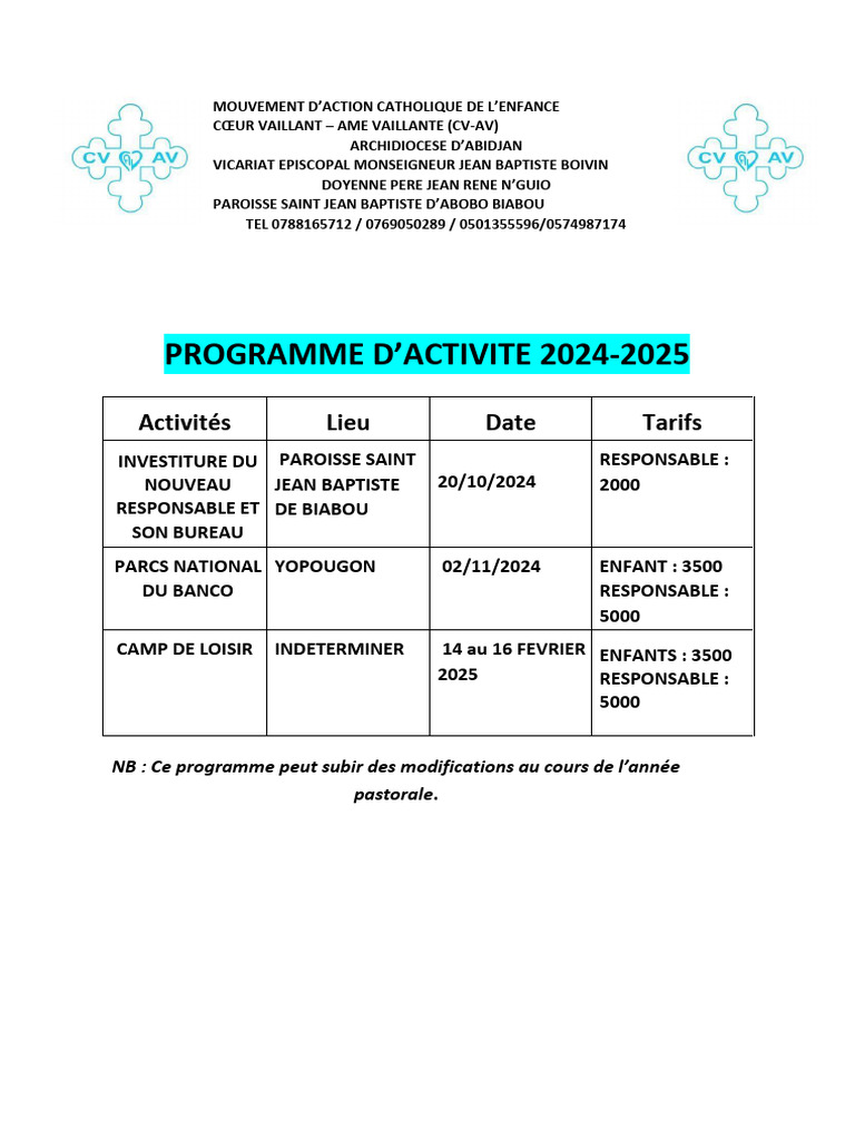 Programme d'activités CV-AV 2024-2025 | PDF