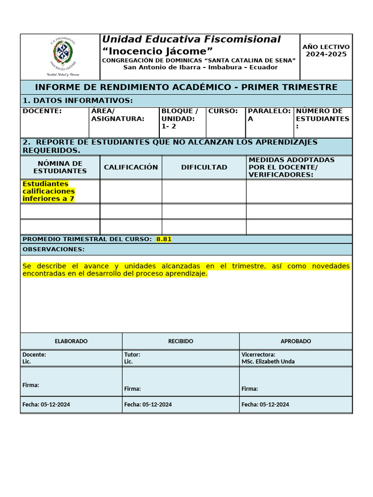Informe Académico Primer Trimestre 2024-2025 | PDF | Aprendizaje ...