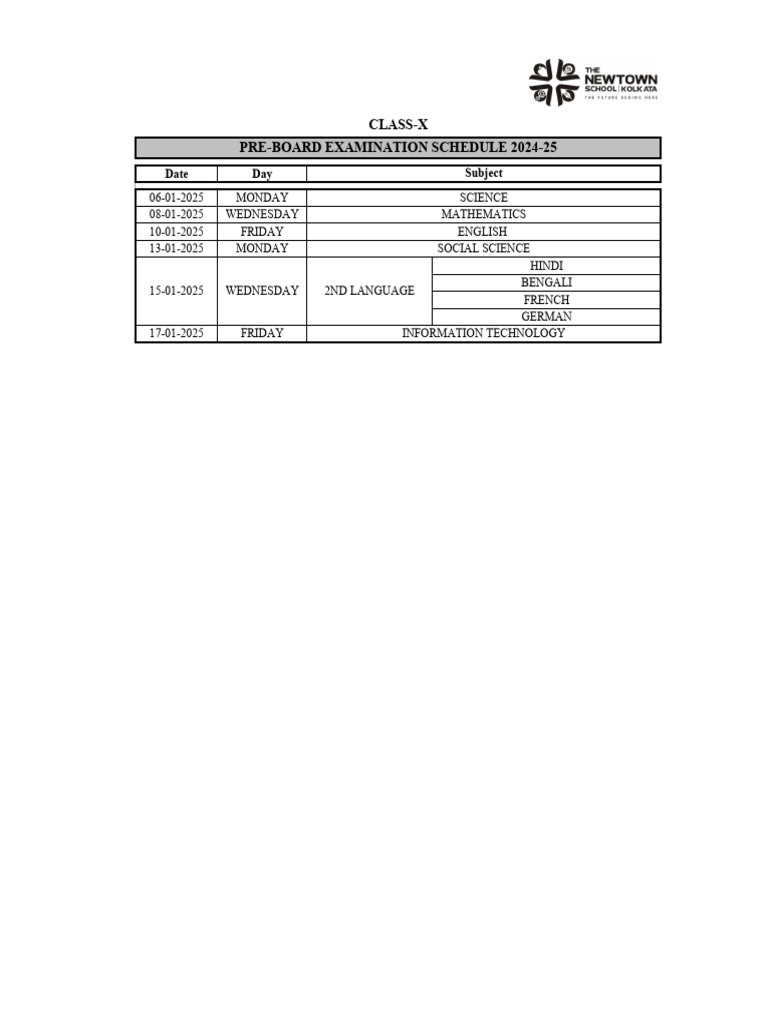 Date Sheet of Pre-Board Examination - Class X (24-25) | PDF