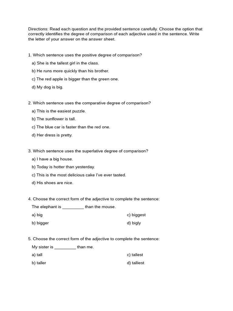 Adjective Comparison and Order Worksheet | PDF