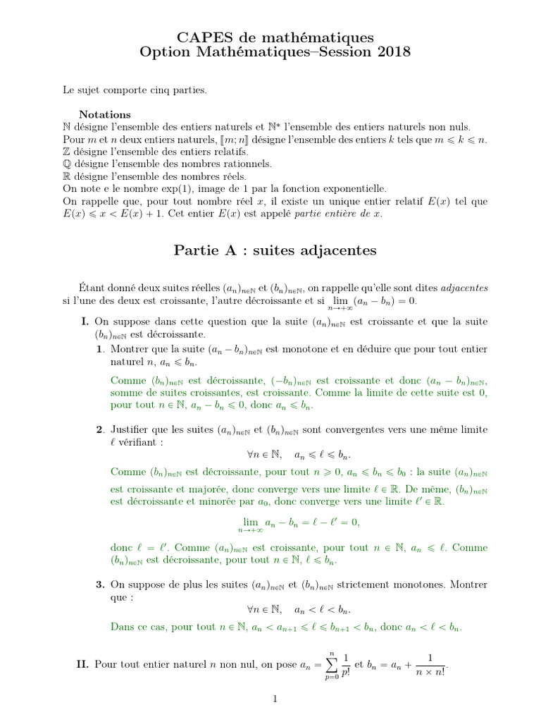 CAPES Mathématiques 2018 : Sujets et Solutions | PDF | Série entière ...