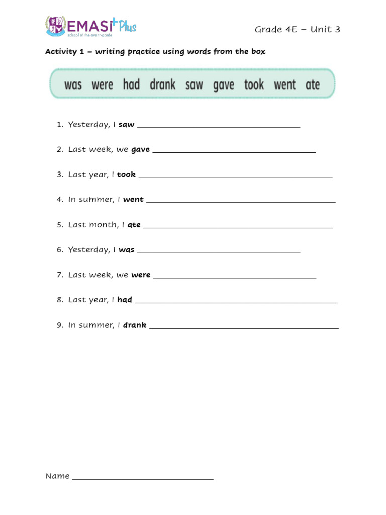 Grade 4 grammar test past pdf