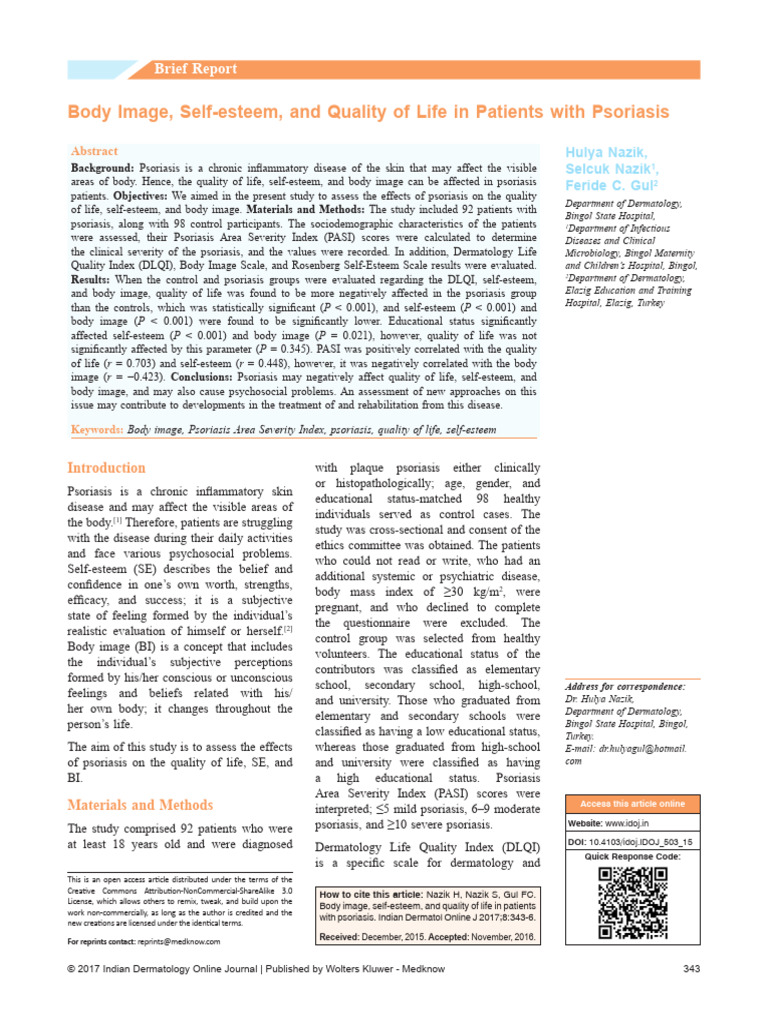 Impact of Psoriasis on Self-Esteem and Life Quality | PDF | Psoriasis ...