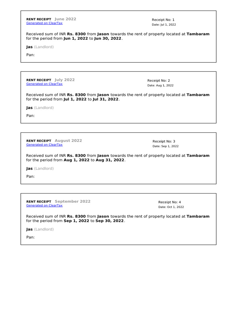 Monthly Rent Receipts for Tambaram | PDF