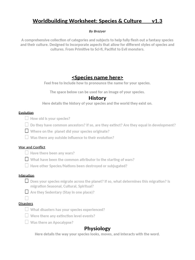 Worldbuilding Worksheet Species and Culture PDF Deities Military