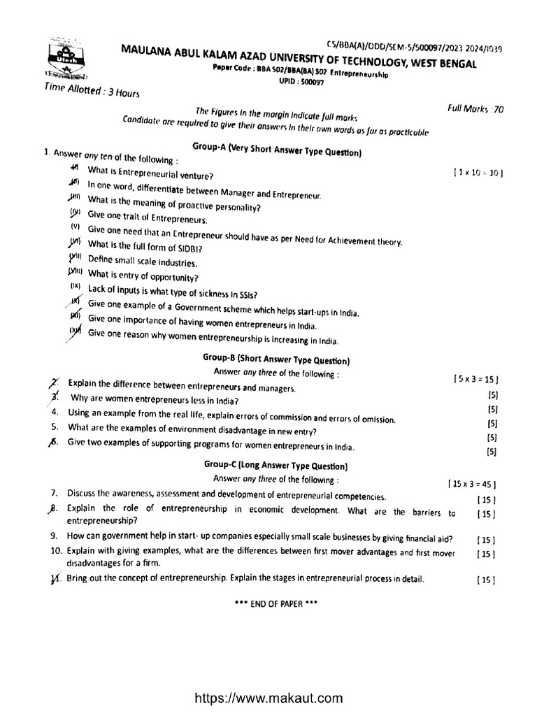 Bba 5 Sem Entrepreneurship Bba 502 2024 | PDF