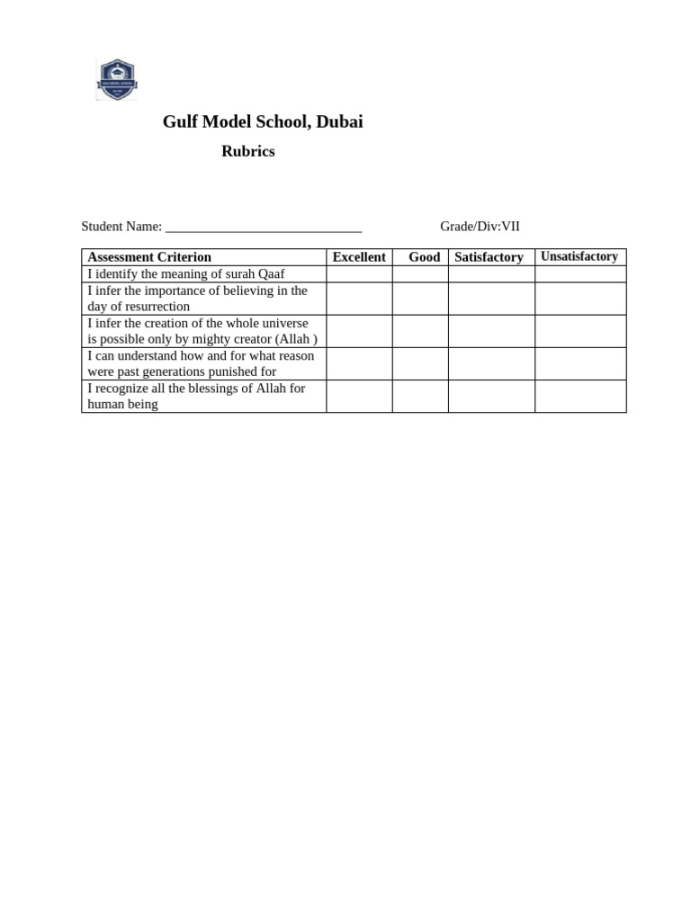Surah Qaaf (Lesson 1 - Rubrics) | PDF