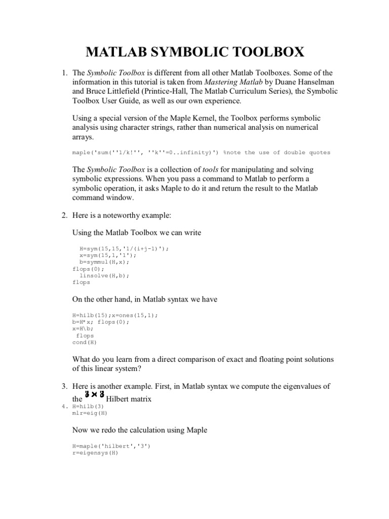 Matlab Symbolic Toolbox PDF Matrix (Mathematics) Matlab