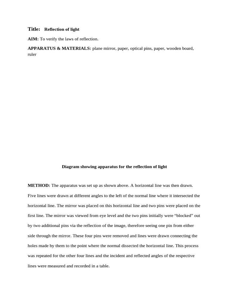 Light Reflection and Refraction Experiment | PDF | Reflection (Physics ...