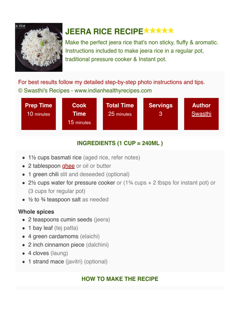 Perfect Jeera Rice Recipe Guide | PDF | Cumin | Pressure Cooking
