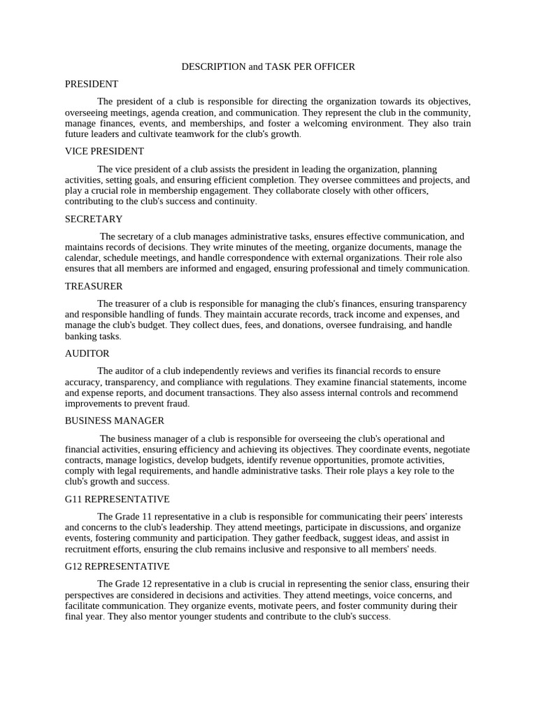 Description and Task Per Officer | PDF | Internal Control | Business