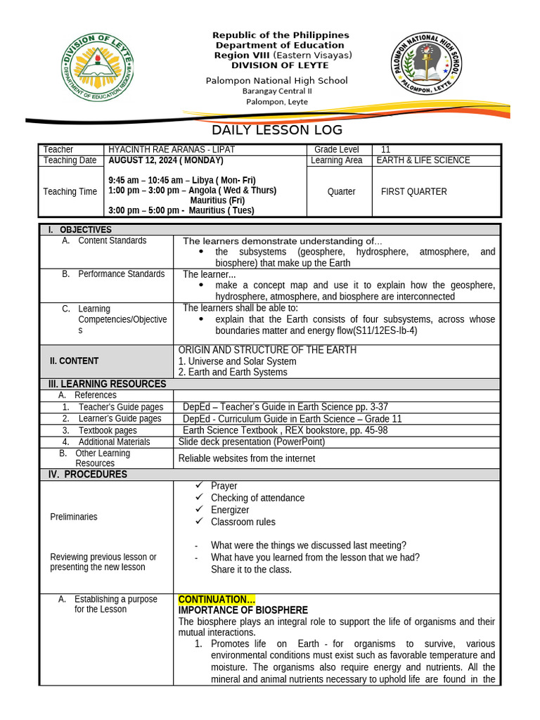 Grade 11 Earth Science Lesson Plan | PDF | Ecosystem | Ecology