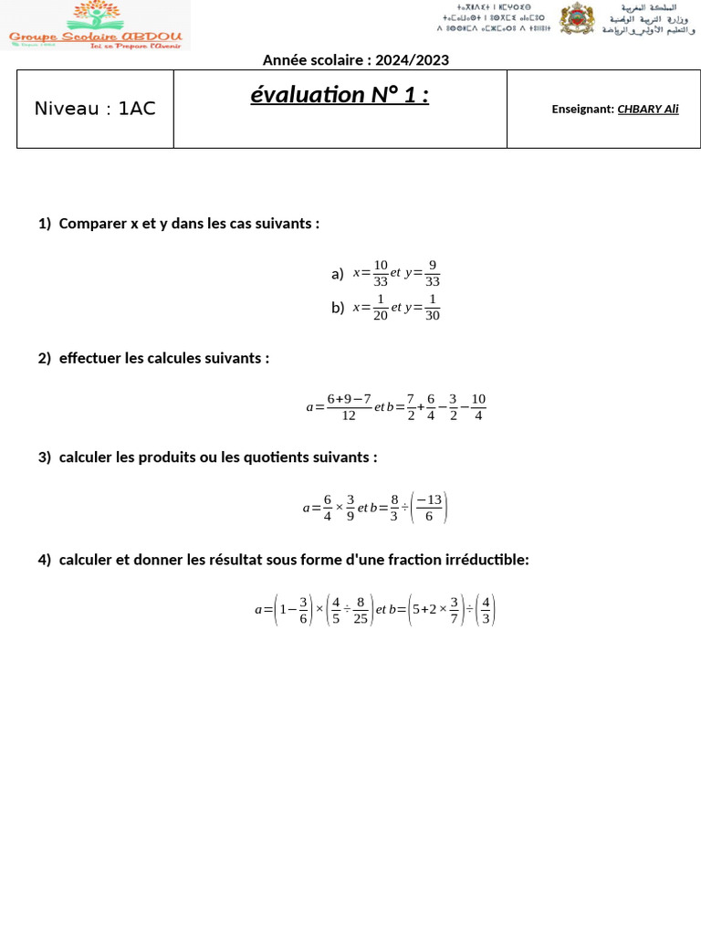 Évaluation Mathématiques 1AC 2024/2023 | PDF