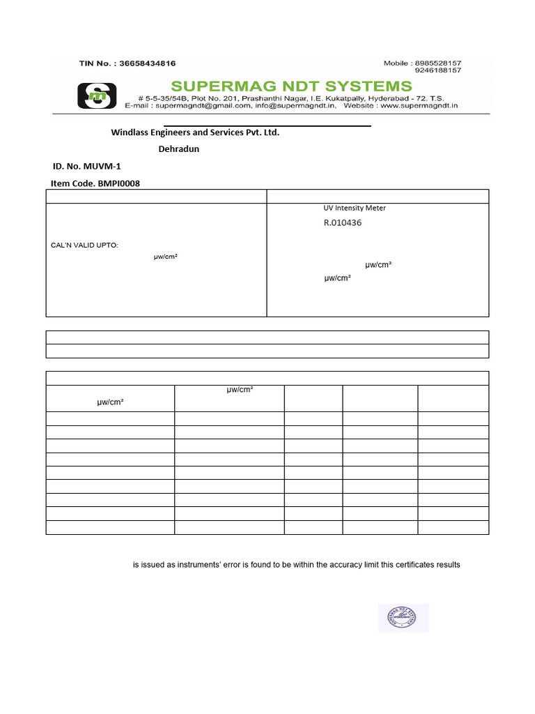 UV Meter Calibration Certificate | PDF | Calibration | Metrology