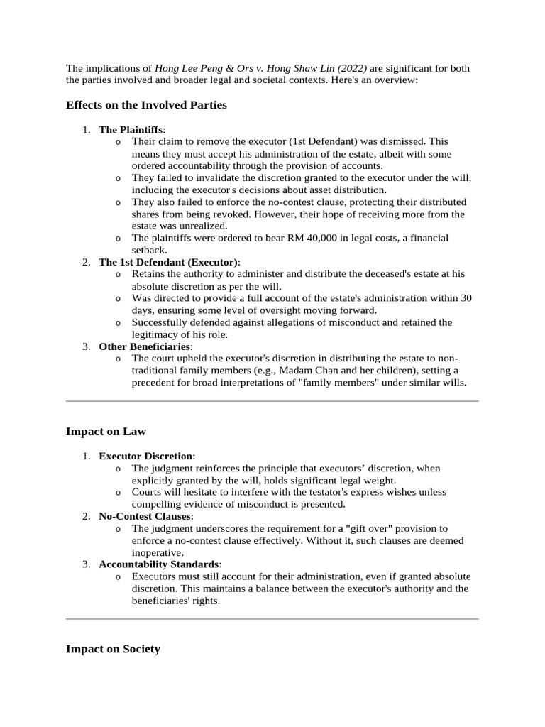 The Implications of Hong Lee Peng | PDF | Will And Testament | Justice