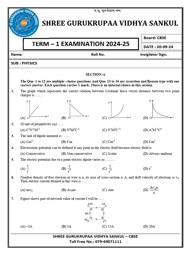 CBSE Physics Term 1 Exam 2024-25 Questions | PDF | Electric Field ...