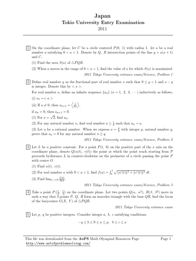 2011 Tokyo University Math Exam Problems | PDF | Real Number | Numbers