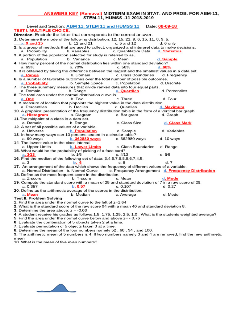 ANSWERS KEY (Removal) IN MIDTERM EXAM IN STATISTICS 2018-2019 | PDF ...