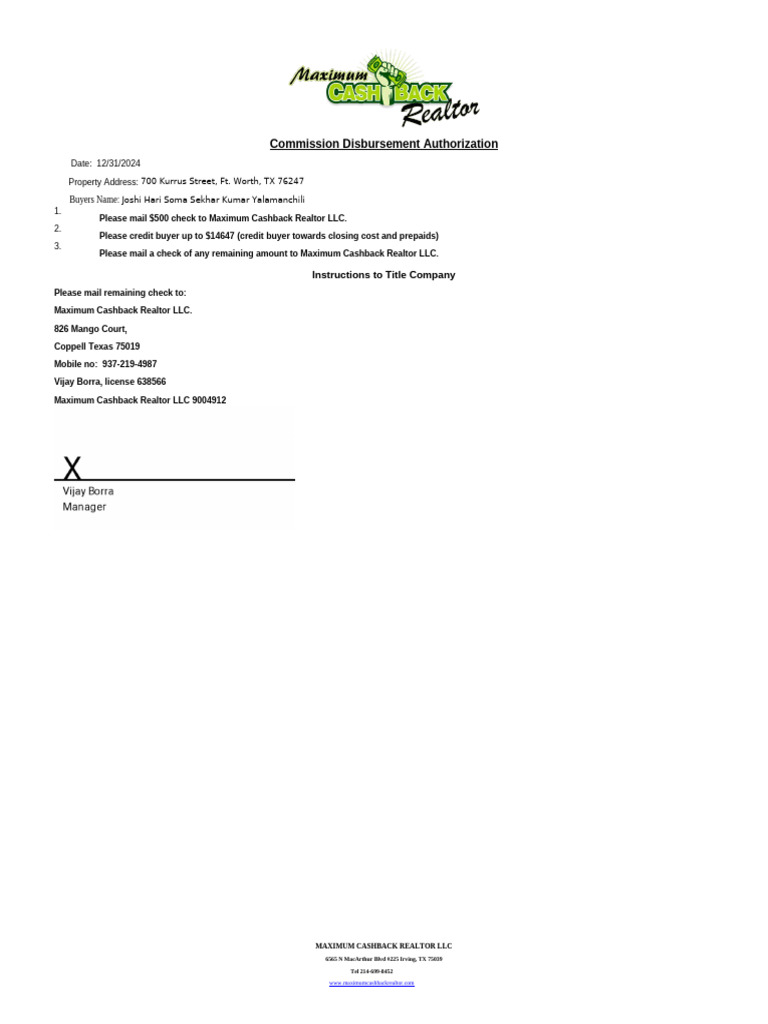 Commission Disbursement Instructions | PDF
