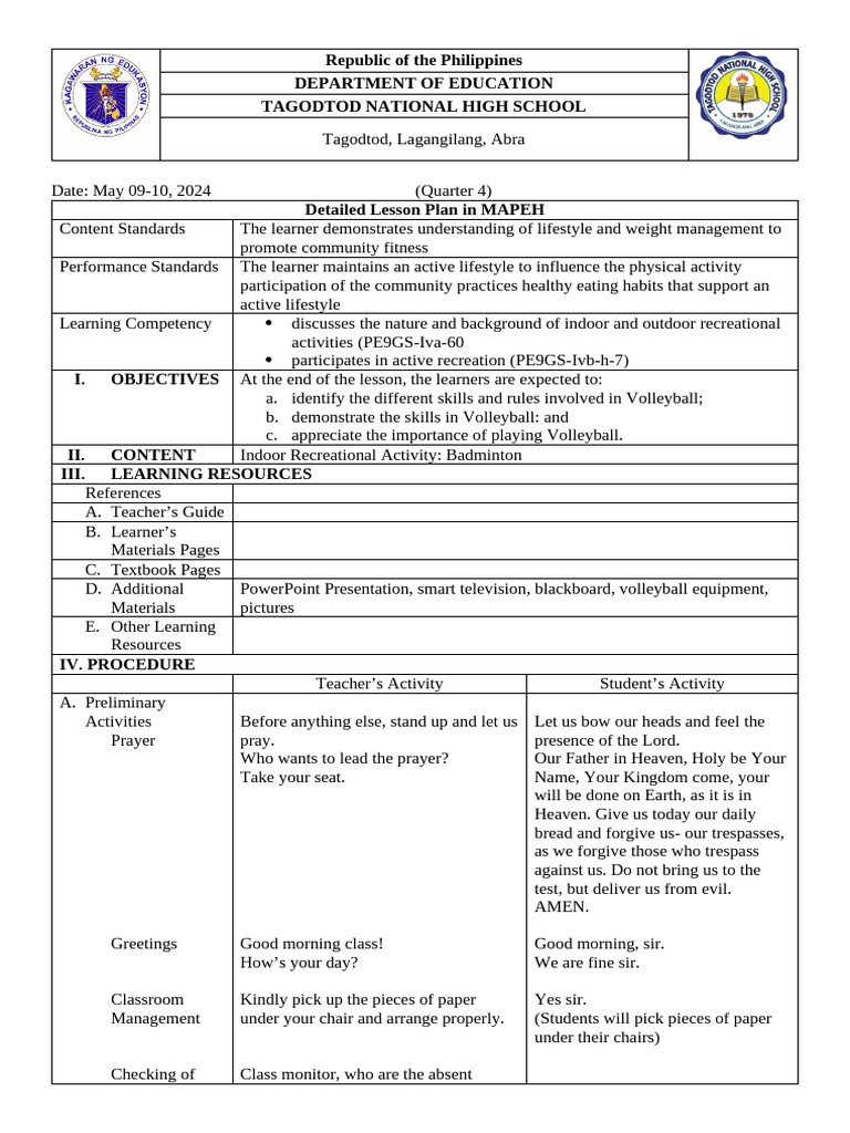 Volleyball Lesson Plan for MAPEH Class | PDF | Volleyball