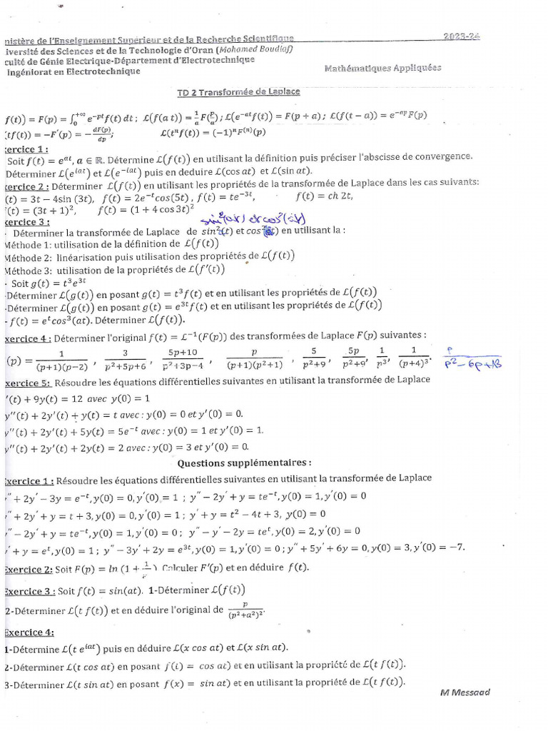 Fiche de TD Transformee de Laplace Avec Solution | PDF