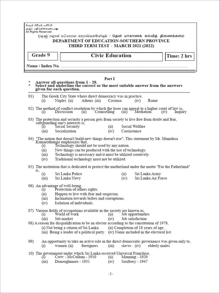 Southern Province Grade 9 Civic Education 2021 3rd Term Test Paper ...