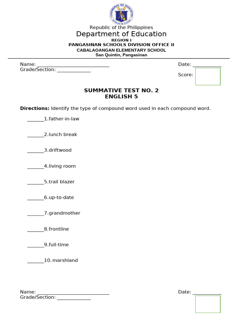 Department of Education: Summative Test No. 2 English 5 | PDF