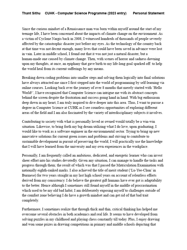 CUHK Computer Science Personal Statement | PDF | Cognition