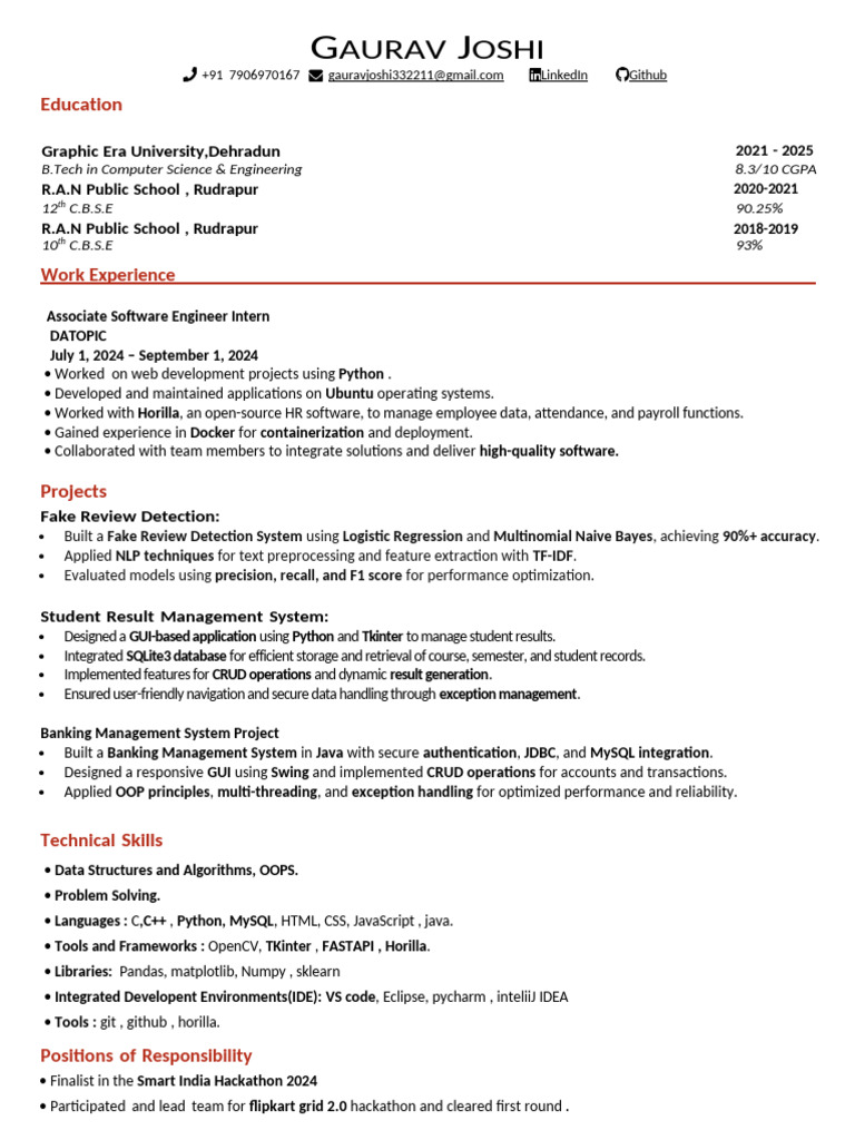 Gaurav Joshi: Software Engineer CV | PDF | Software | Python ...