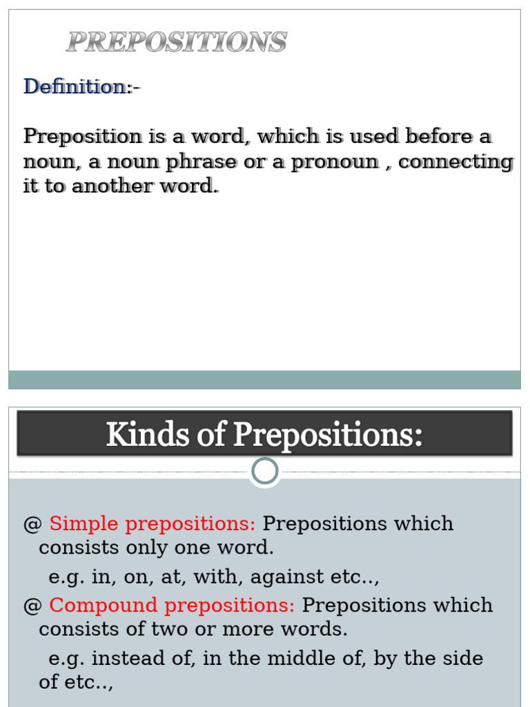Prepositions | PDF | Preposition And Postposition | Noun