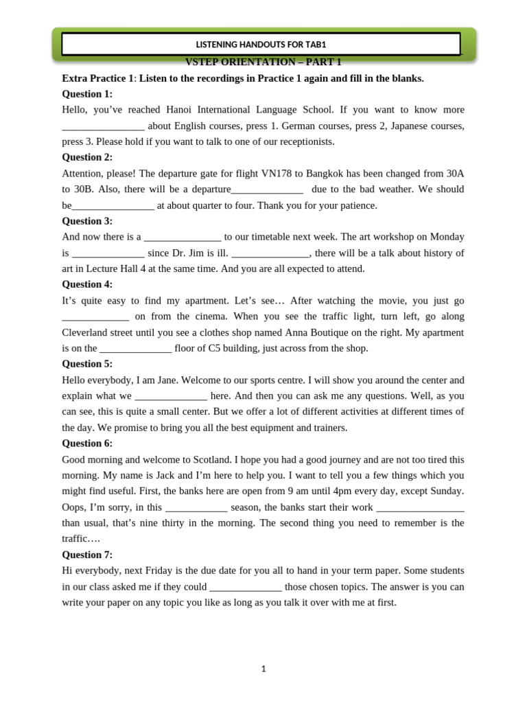 T01 - Listening - VSTEP Listening Test - Part 1 | PDF
