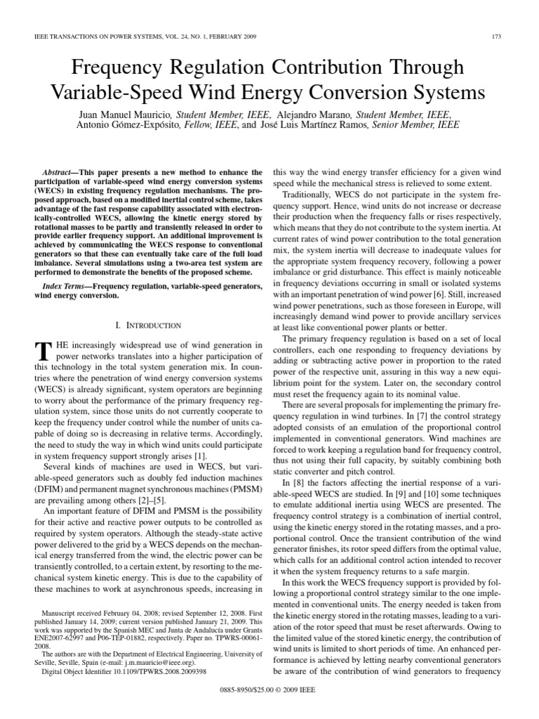 Enhancing Frequency Regulation with WECS | PDF | Electric Generator ...