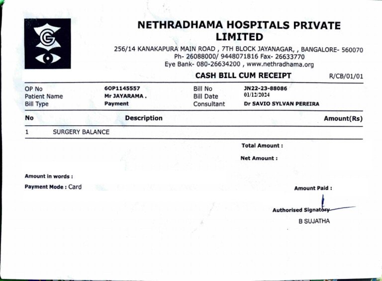 Nethradhama Hospital Surgery Bill Receipt | PDF
