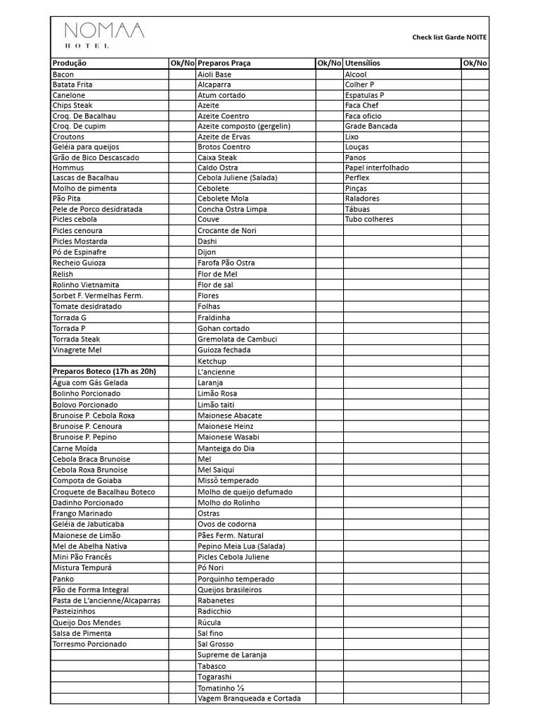 Checklist de Preparos para Garde Noite | PDF | Maionese | Culinária ...