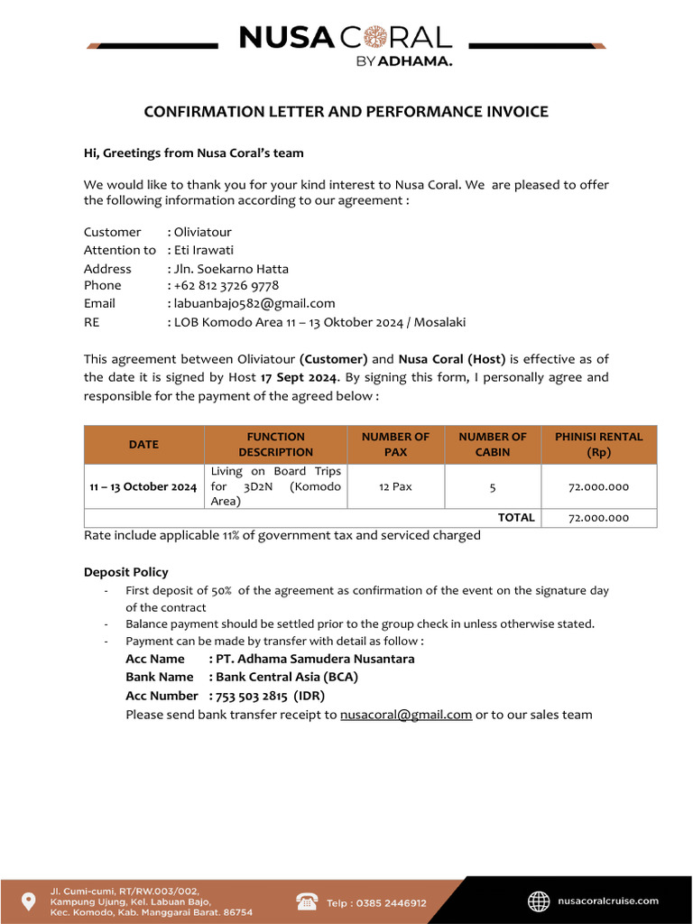 Nusa Coral Confirmation & Invoice Details | PDF | Fee | Payments