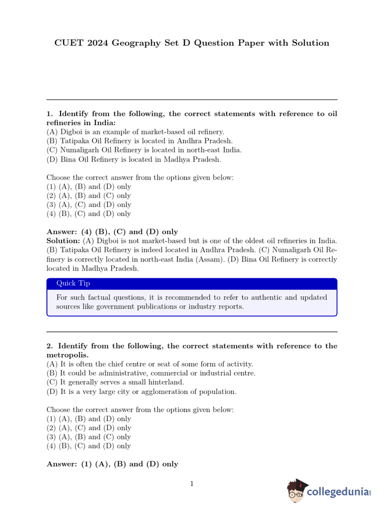 CUET 2024 Geography Set D Question Paper With Solution | PDF | Human ...