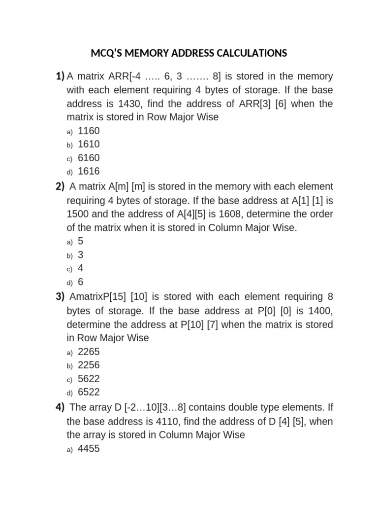 Memory Address Calculations for Matrices | PDF