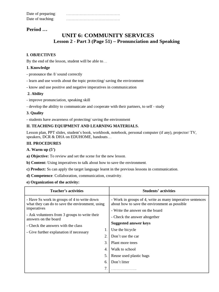 UNIT 6 - LESSON 2 - PART 3 - Pronunciation and Speaking | PDF ...