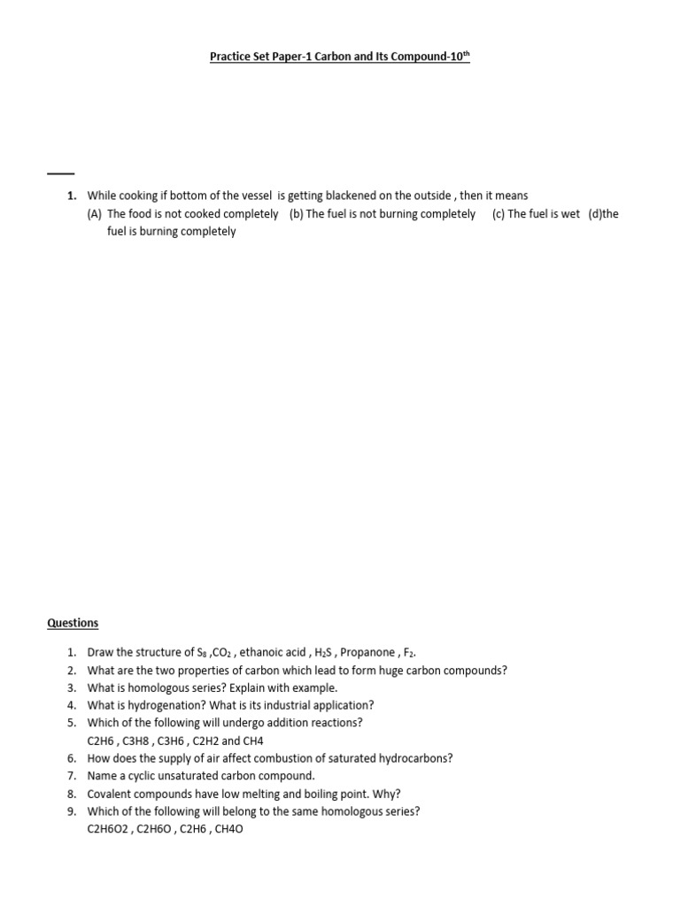 Carbon Compounds Practice Questions | PDF | Ethanol | Fatty Acid