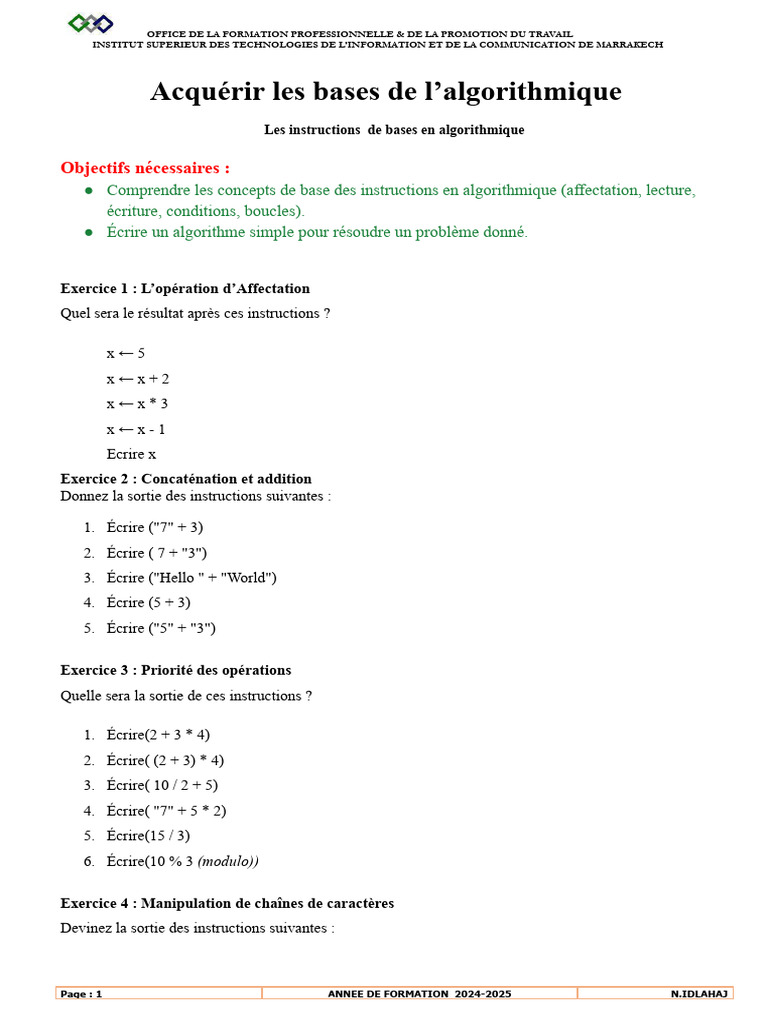 Bases de l'algorithmique et exercices | PDF
