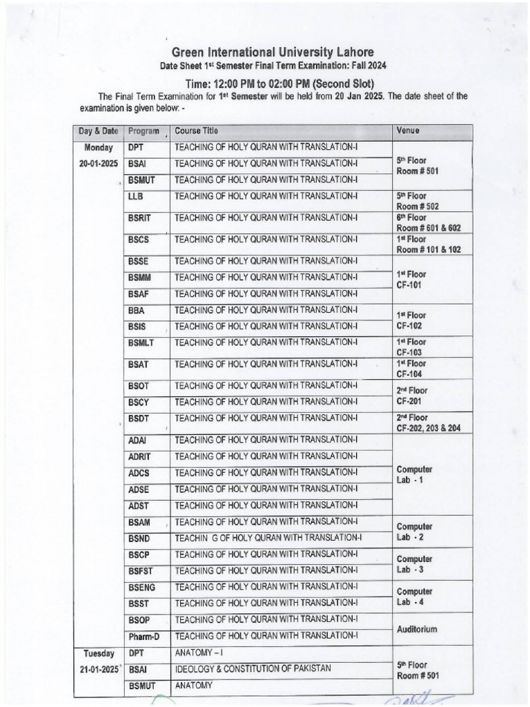 Date Sheet Final Term Sem 1 | PDF
