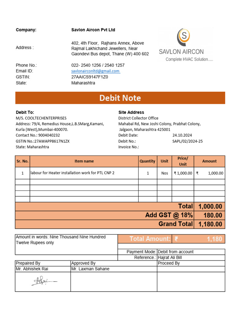 Debit Note for Heater Installation | PDF