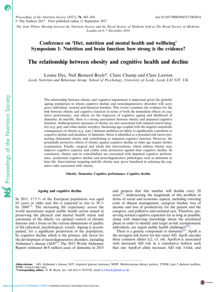 The Relationship Between Obesity and Cognitive Health and Decline | PDF ...