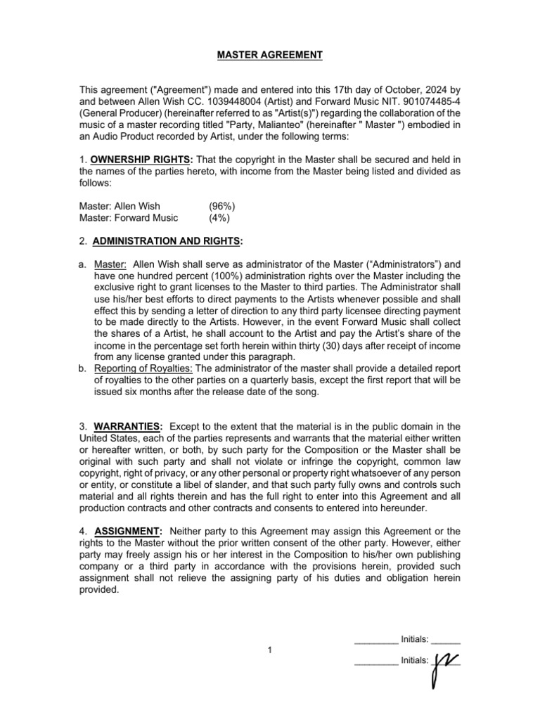 Master Recording Agreement for 